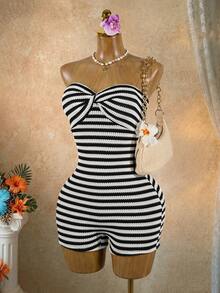 Solea Vida Women's Summer Contrast Stripe Backless Knit Bandeau Jumpsuit - Black and White - View 6