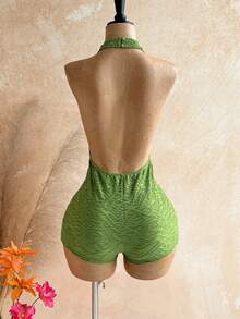 Soleia Women's Vacation Sequin Glitter Leopard Print Knit Textured Deep V Backless Sexy Bodysuit, Fashionable Fitted Romper For Party, Date, Afternoon Tea, Boho Beach Summer Outfit - Multicolor - View 2