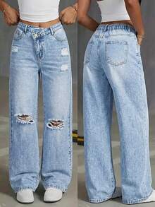 Teen GirlCasual Fashionable Minimalist Versatile Slant Placket Design Distressed Light Blue Straight Leg Jeans - Blue - View 1