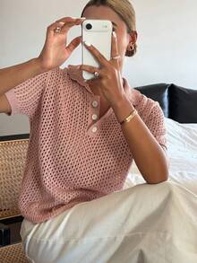 DAZY 女士翻领修身镂空亮面针织上衣 - 粉色 - 查看 6