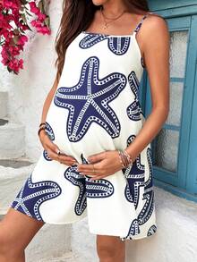 SHEIN 孕妇休闲无袖连衣裙，海星印花，适合度假 - 藍白色 - 查看 7