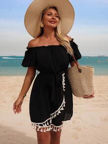 Swim Lushoire Women's Summer Beach Off Shoulder Bowknot Elastic Waist Patchwork Bohemian Tassel Trim Casual Vacation Dress - Black - View 1