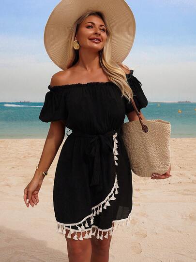 Swim Lushoire Women's Summer Beach Off Shoulder Bowknot Elastic Waist Patchwork Bohemian Tassel Trim Casual Vacation Dress