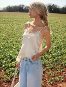 Sydney Algeri Women's Solid Color Spaghetti Strap Lace Trim Asymmetrical Hem Loose Blouse - Apricot - View 3
