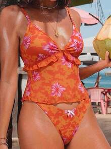 Bellisia Women's Casual Vacation Beach Party Elegant Floral Print Camisole & Thong Bikini 2-Piece Swimwear Set Orange Bikini Set Hawaiian Bathing Suit - Multicolor - View 2