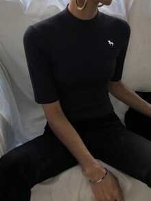 DAZY Women's Mock Neck Fitted Ribbed Half Sleeve Sweater With Embroidered Pattern Summer - Black - View 5