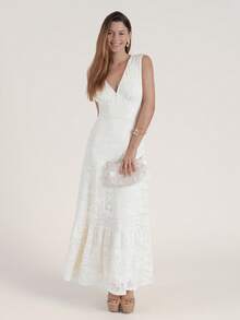 CielaLinda 女士蕾丝V领白色长款连衣裙波西米亚风度假连衣裙 - 白色 - 查看 5