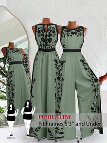 SHEIN PETITE CURVE 大码女式印花露背无袖阔腿连体裤 - 綠色 - 查看 1