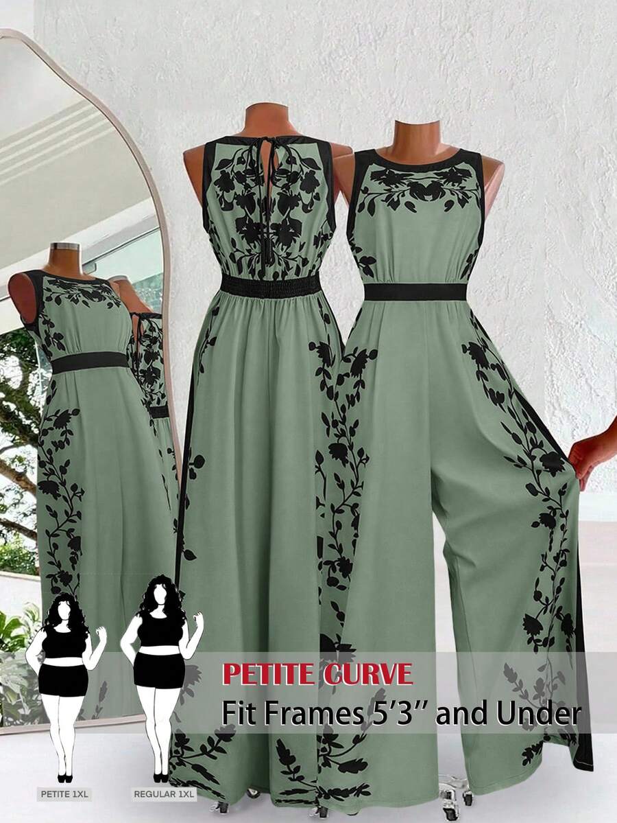 SHEIN PETITE CURVE 大码女式印花露背无袖阔腿连体裤 - 綠色 - 查看 1