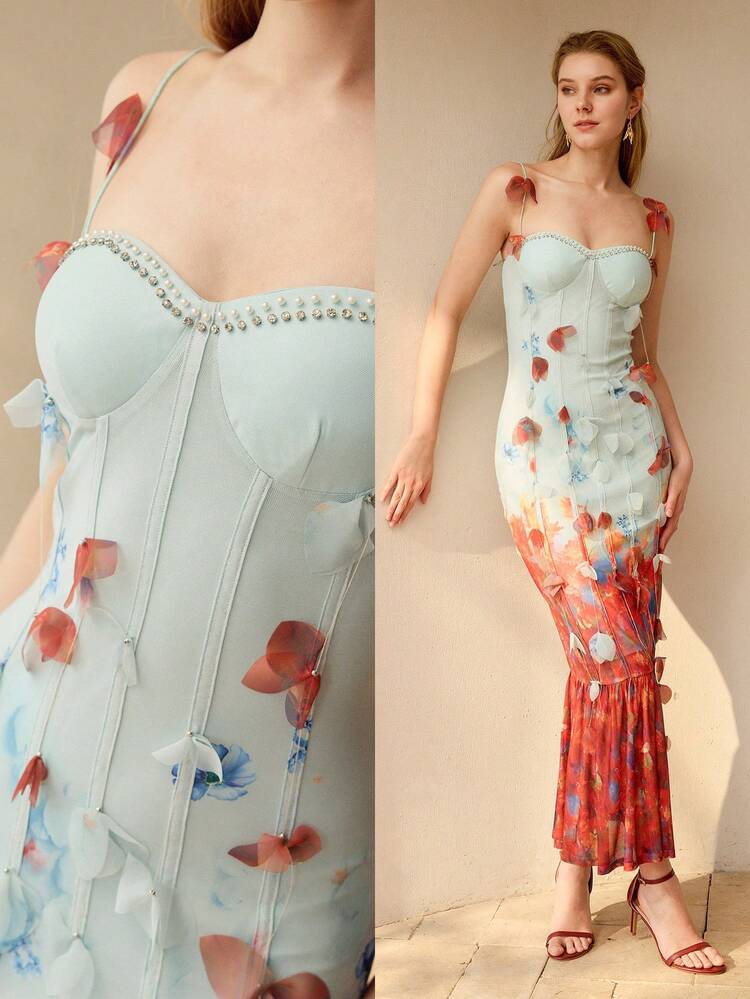 WOMEN'S ELEGANT FLORAL APPLIQUED CAMI DRESS, SUMMER
