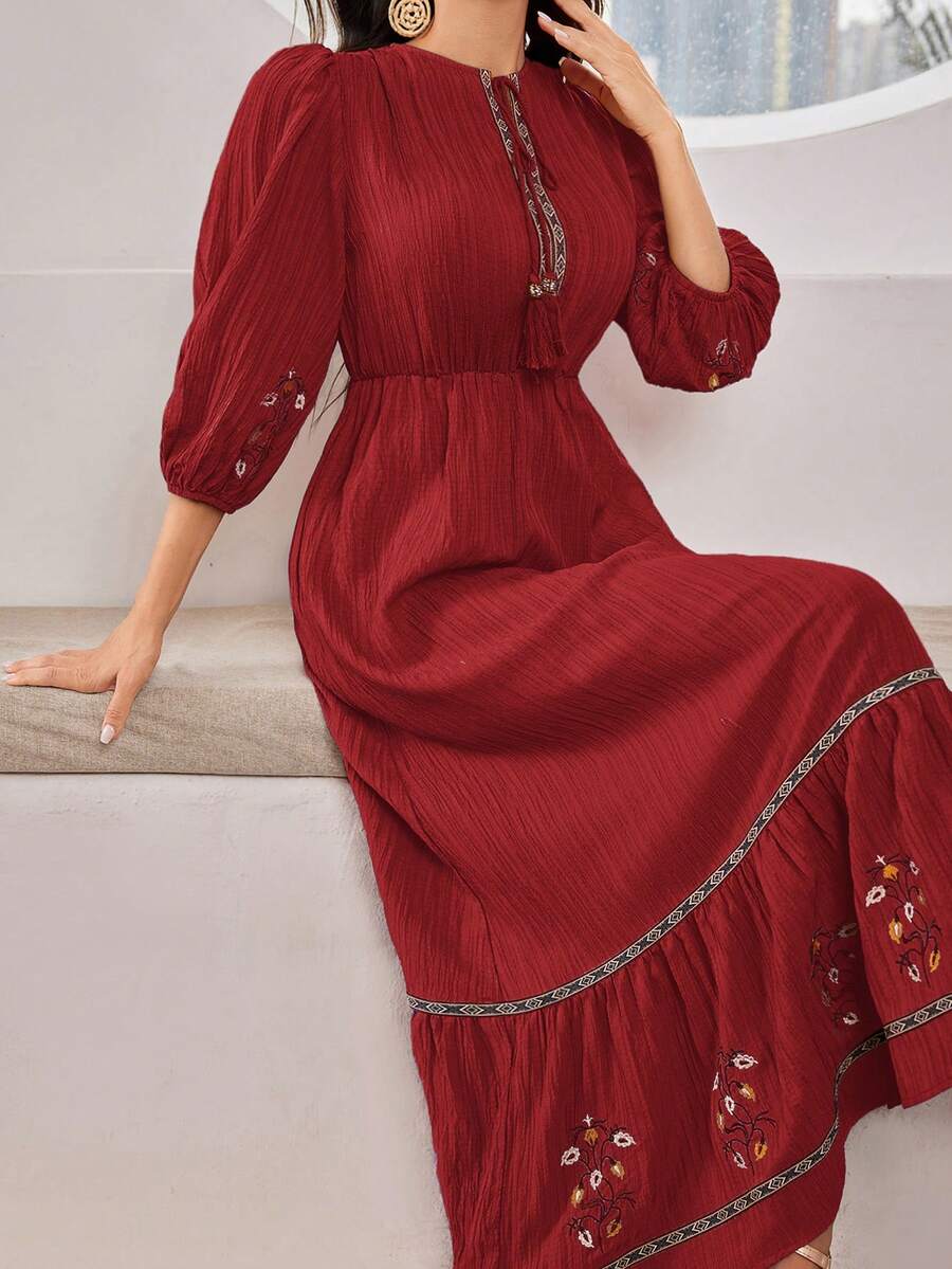 Mulvari Women's Embroidered Round Neck Lantern Sleeve Elegant Dress