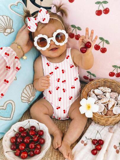 SHEIN Newborn Cherry Fruit Print One-Piece Swimsuit, Suitable For Outdoor Travel, Swimming, Hot Spring, Beach, Surfing, Vacation, Spring/Summer  Cute Retro Ins Style Cherry Pink Striped Print Pattern, Baby Girls Casual Minimalist One-Piece Swimsuit Suitable For Summer, Beach Vacation Photo Shoot Matching, Mommy And Me, First Beach Trip, Summer Vacation, Aesthetic Swimsuit, Pool Party, Summer Camp, Cottagecore Baby Cherry Bathing Suit 6months Girl Cherries Swim Suits Baby Strawberry Swimsuit Fruit Baby