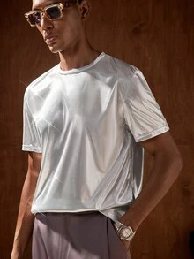 AKNOTIC 男士纯色圆领休闲百搭针织短袖T恤 - 銀色 - 查看 2