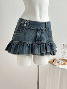 Elamini Women's Fashion Denim Skirt With Pockets And Ruffle Hem - Medium Wash - View 7
