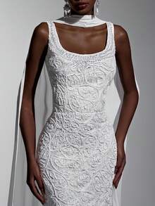 Elitara 优雅杏色奢华浪漫3D蕾丝绳面料，简约奢华魅力吊带高腰修身长款直筒紧身裙，适合新娘、送礼、正式晚宴、婚纱礼服 - 白色 - 查看 7