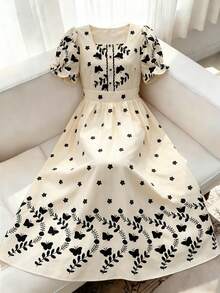 Franclia Robe imprimée vintage noire avec papillon et fleurs, encolure carrée, manches bouffantes, taille cintrée, longueur longue, silhouette douce, convient pour le travail, la mode et les vacances - Nude - Voir 5
