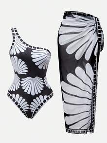 Swim Oasis 女士度假印花露肩连体泳衣，带罩衫和裙子 - 彩色 - 查看 11