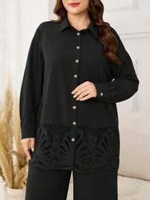 Lacomfia Plus Size Casual Solid Color Long Sleeve Shirt With Ruffle Hem Decor & Elastic Waist Wide Leg Pants 2 Pieces Set, Spring/Autumn Fall - Black - View 3