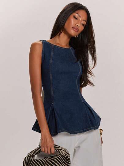 SHEIN BAE Women's Elegant And Stylish Indigo Denim V-Neck Sleeveless Top With Ruffles, Perfect For Spring And Summer Commutes, Casual Wear, Everyday Wear, Commuting, And Gatherings With Friends. Also Includes A Backless Top With A Contrasting Color Bow.Work Outfits For Women,Work Tops For Women, Office Wear Women,Summer Outfit For Women
