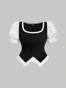 SHEIN MOD Áo kiểu tay cánh hoa màu đen trắng dành cho nữ cỡ lớn - Đen và trắng - Xem 8