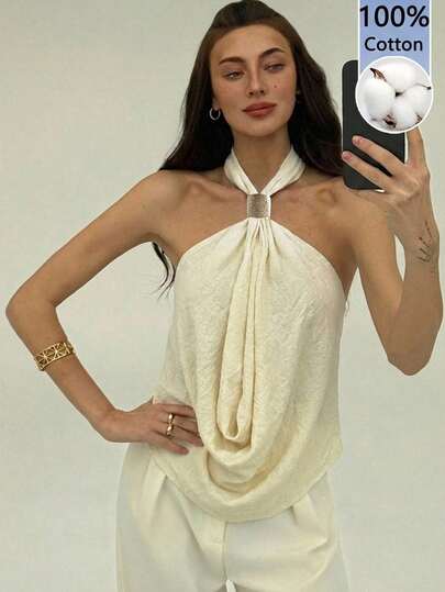 Aloruh Parte superior sin espalda de unicolor beige 100% algodón con hebilla metálica - Elegante ropa de playa para vacaciones, festivales, vacaciones de verano, vacaciones tropicales, bodas, citas, graduación, salidas, primavera/verano
