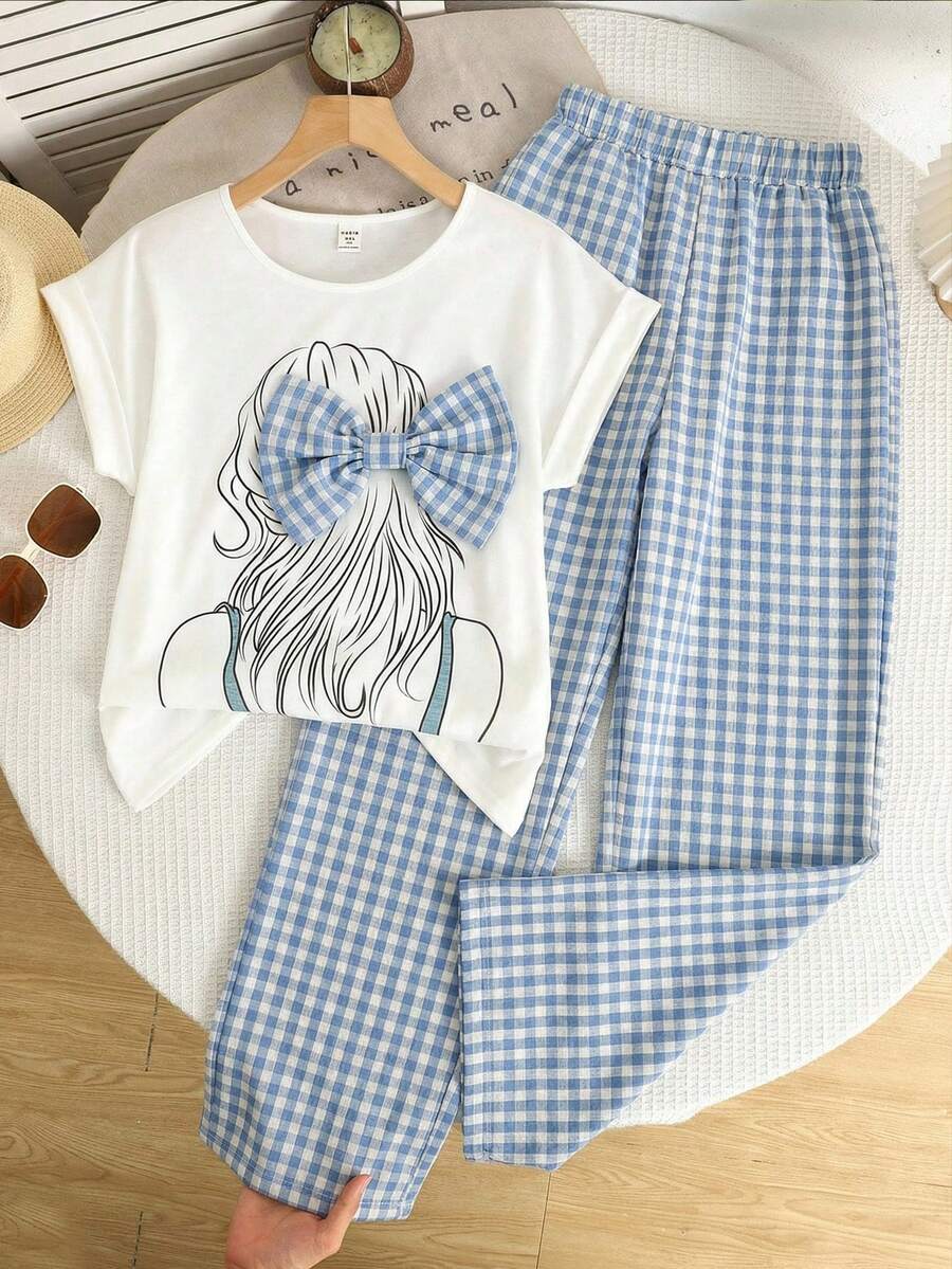 SHEIN 两件套少女休闲人像印花蝴蝶结装饰宽松T恤和格子阔腿裤套装 - 藍色 - 查看 1