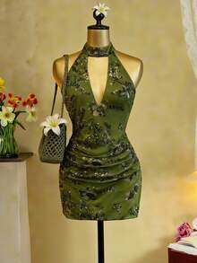 Bluhae Women's Halter Neck Ruched Floral Sequin Dress - Green - View 1