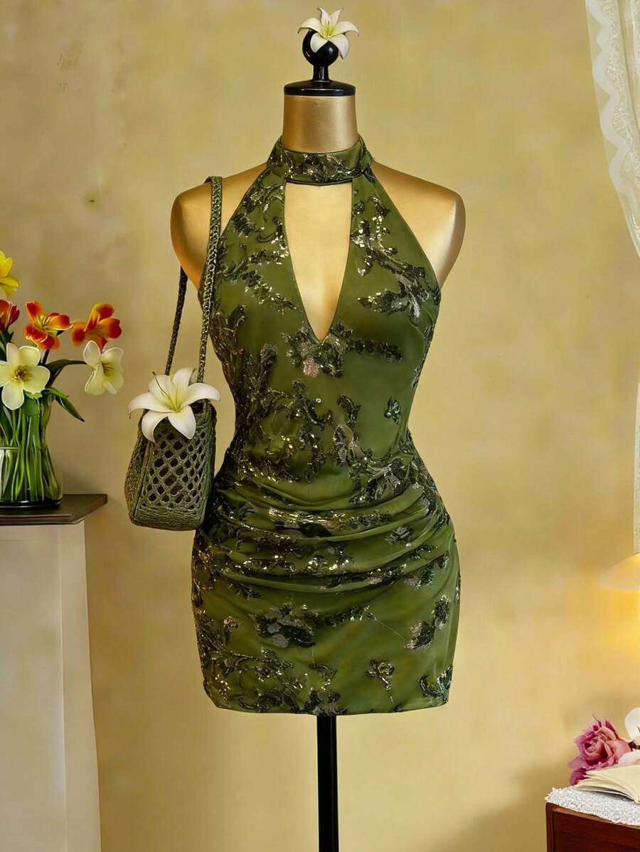 Bluhae Women's Halter Neck Ruched Floral Sequin Dress - Green - View 1