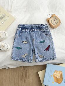 男童夏季卡通刺绣休闲牛仔短裤，轻薄透气，穿着舒适，适合外出、聚会、居家、节日等场合。 - 淺色水洗藍 - 查看 3
