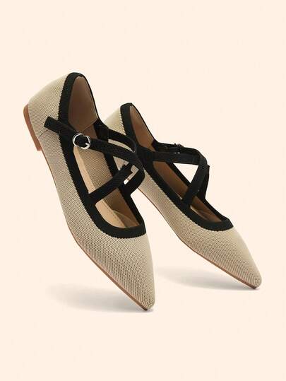 CUCCOO BASICS Women's Pointed Toe Flat Apricot Knit Criss-Cross Strap Slip-On Shoes, New Spring/Autumn Shallow Comfortable Commuting Mary Jane Shoes Spring Shoes