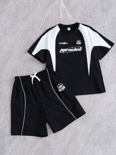 SHEIN Conjunto de camiseta de manga corta con cuello redondo y estampado gráfico de bloques de color y pantalones cortos estilo coreano informal para niño preadolescente, adecuado para ir y venir, la escuela, los viajes, los deportes, la primavera/verano, los festivales, las fiestas, las salidas, la playa, las vacaciones, el Día de San Valentín, las bodas