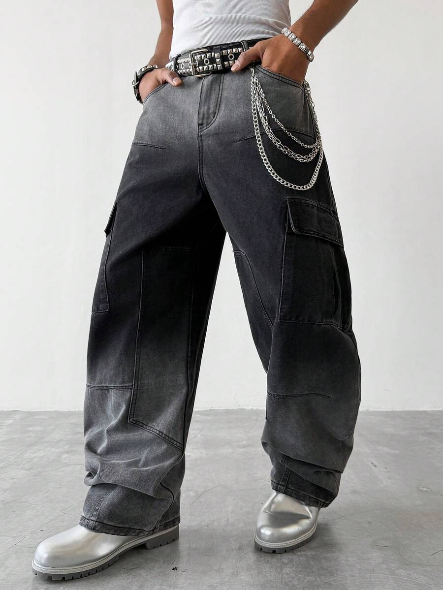 PAVTROS Men's Street Fashion Casual Multi-Pocket Patched Pleated Wide-Leg Black Jeans - Black - View 1