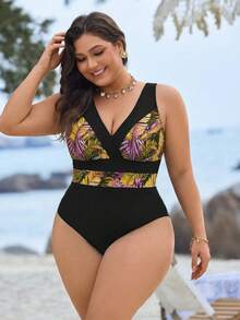 Swim Lushoire Plus Size Vacation Print Color Block One-Piece - Multicolor - View 4