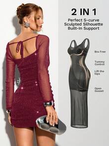Nuvra 女士长袖闪亮金属色二合一塑身连衣裙，内置胸垫，休闲双层收腹提臀紧身迷你连衣裙，后背交叉系带领口，派对装 - 酒紅色 - 查看 1