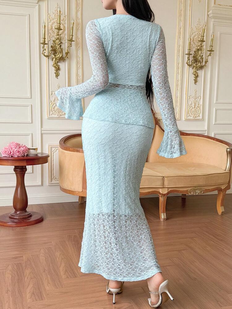 Women's Elegant Solid Color Lace Flare Sleeve Top And Skirt 2-Piece Set Summer
