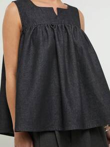 COUREZ Women's Charcoal Gray Sleeveless Denim Smock Layering Top,Chic Everyday Summer Cute Black Structured Pleated Tops Y2K Spring Break Outfits - Black - View 6