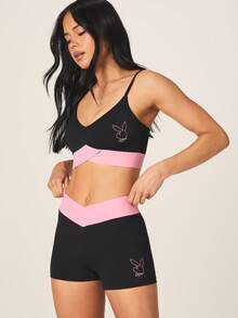 Missguided x Playboy Women Two Piece Sports Bra And Shorts Set With Bunny Logo Pink Color Block Contrast Athletic Coordinating Set For Summer - Black - View 1