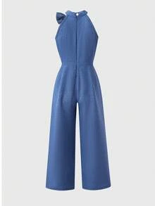 SHEIN 春夏灰蓝色蝴蝶结装饰无袖连体裤，宽松阔腿裤，简约风格，适合年轻女孩日常穿着、短途通勤、与朋友休闲聚会。 - 藍色 - 查看 8