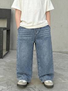 男童宽松直筒蓝色牛仔裤 - 中等水洗藍 - 查看 3