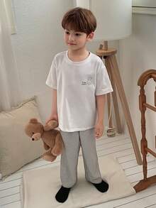 Dazy Kids Young Boy Cartoon Letter Print Round Neck Short Sleeve Top And Striped Pants Casual Loungewear Pajama Set - White - View 5