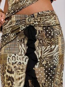 ROMWE Y2K Animal Print Metallic Sexy Beach Vacation Style Ruffle Hem Bodycon Skirt For Women - Gold - View 9