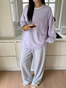 Dazy Plus 大码女式休闲宽松卫衣直筒裤睡衣套装，适合居家休闲和户外穿着，春秋季 - 紫色 - 查看 2