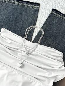 SHEIN Teen Girl Versatile Solid White Fitted Crop Top, Summer Casual Wear, High Neck Off-Shoulder Design, Elegant For Festivals, Countryside, Beach Vacation, Afternoon Tea And Other Occasions, Dignified Style, Suitable As Dancewear Or Cute Top - White - View 3