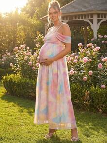 Loomaby Pregnant Women's Elegant Tie-Dye Off-Shoulder Ruched Dress, Summer Dress Gender Reveal Dress Maternity Dress Baby Shower Dress - Multicolor - View 3