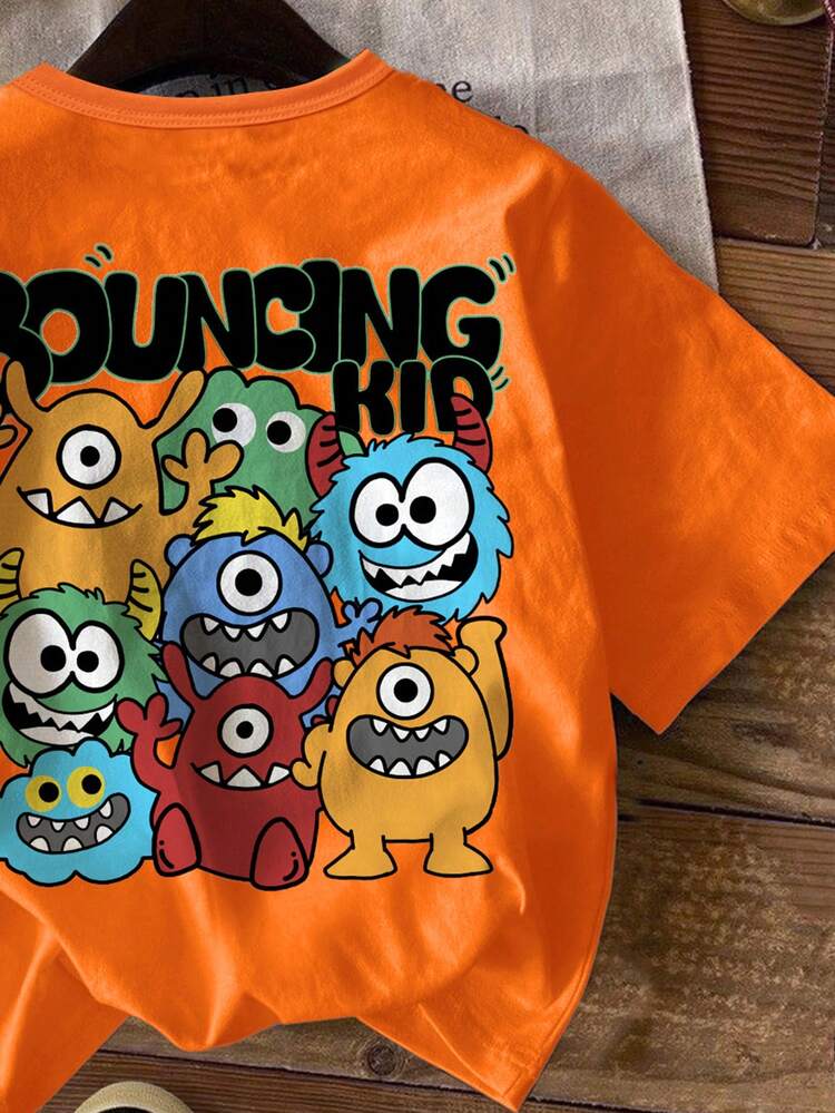SHEIN Young Boys Casual Simple Round Neck T-Shirt, Suitable For Summer - Orange - View 3