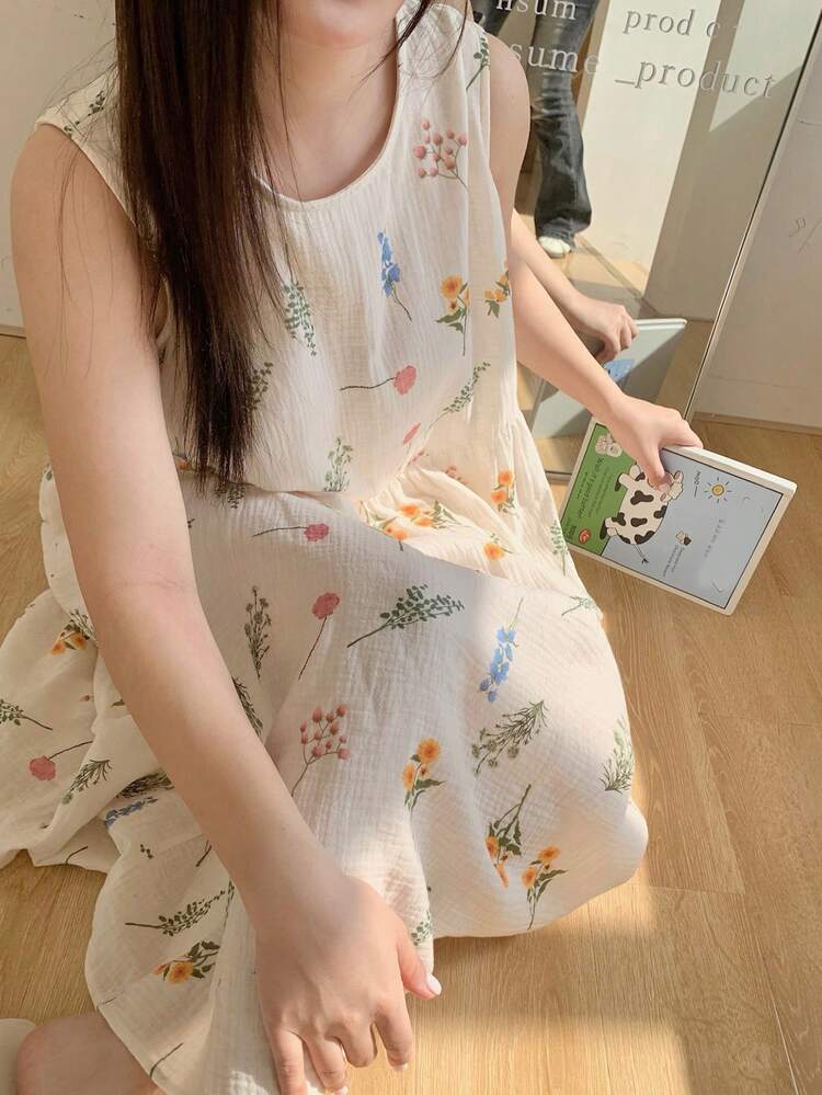 Dazy Plus Floral Print Cute Round Neck Long Nightgown, Spring/Summer Sleepwear