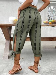 Breezaya Plus Size High Waist Drawstring 7/8 Pants, Spring/Summer - Army Green - View 4