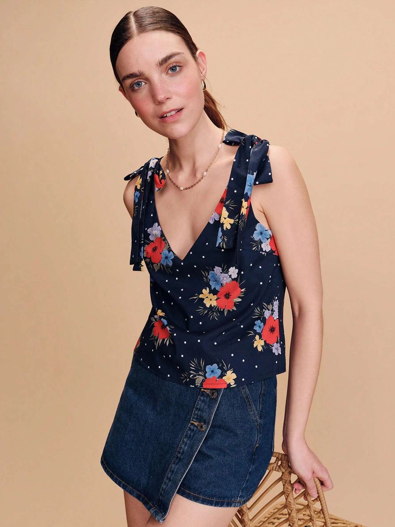 Navy Tank Top With A Floral And Polka-Dot Print, Featuring Shoulder Tie Knots Spring Summer Vacation Top French Style Parisian Style Polkadot  Top Tops For Women For Summer Tops To Wear With Jeans Latest Tops For Women New Arrivals Vintage Outfit For Women New In Women Clothing