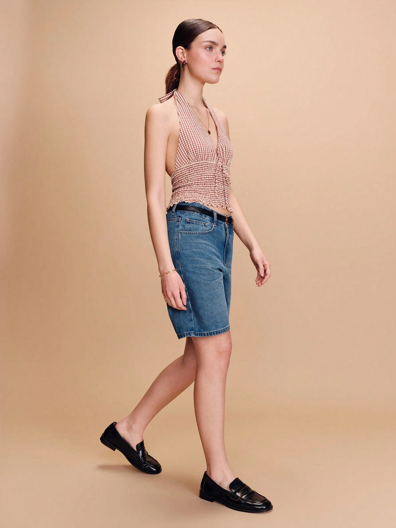 Burgundy Plaid Tank Top With A Tie-Around-The-Neck Detail And A Smocked Waist Cute Vacation Top Holiday Top Spring Summer French Style Parisian Style Womens Summer Outfits Retro Outfit For Women