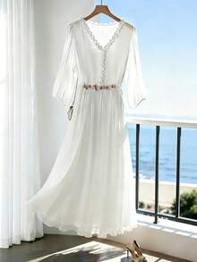 Franclia 女士优雅法式奢华V领连衣裙，新款宽松休闲度假连衣裙，常规肩部雪纺连衣裙 - 白色 - 查看 3